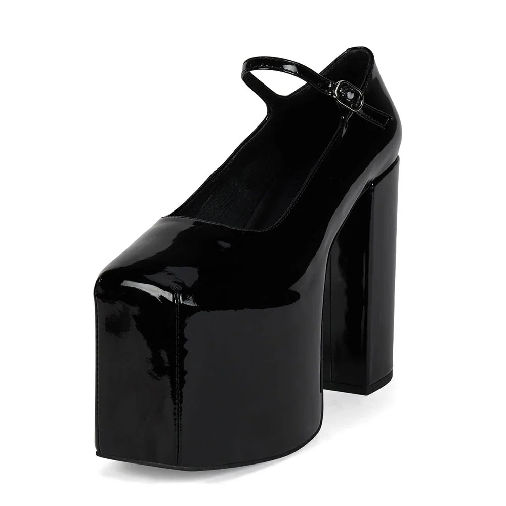 Black Square Toe Chunky Heel Mary Jane Platform Shoes with Buckle