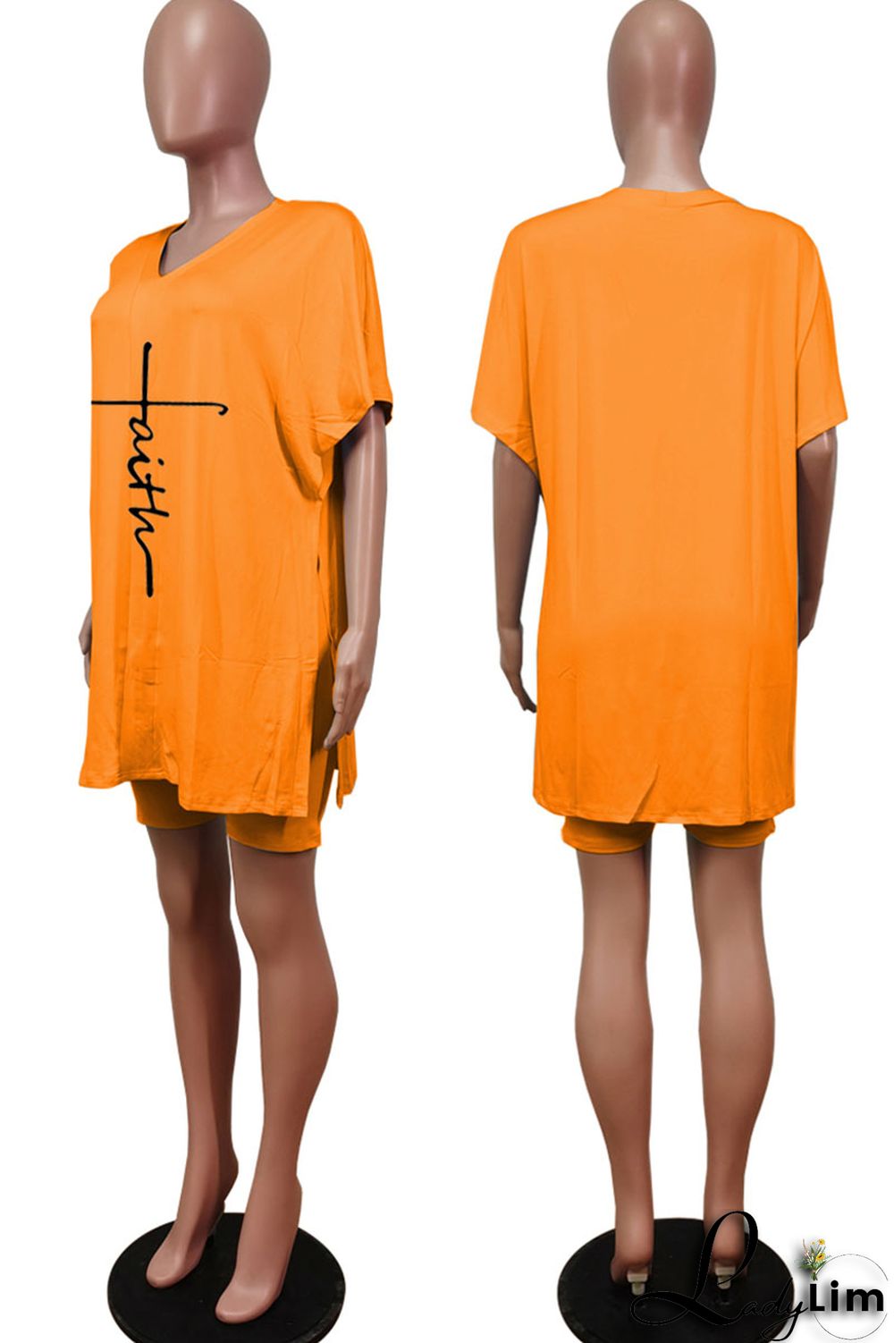 Tangerine Red Casual Print Split Joint V Neck Short Sleeve Two Pieces