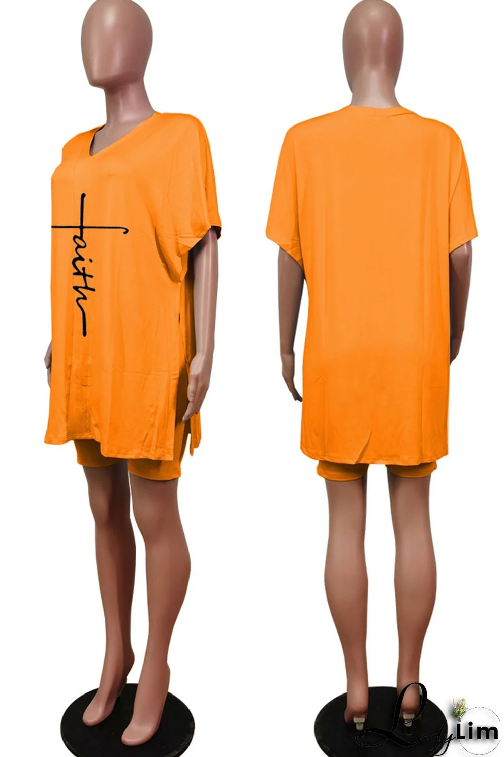 Tangerine Red Casual Print Split Joint V Neck Short Sleeve Two Pieces