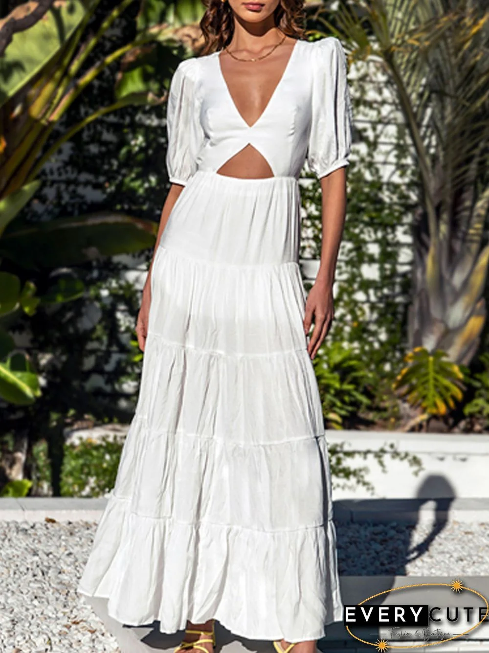 Boho Deep V-neck Solid Print Hollow Length Dress Summer Puff Short Sleeve A-line Dress Fashion Backless Party Folds Beach Dress