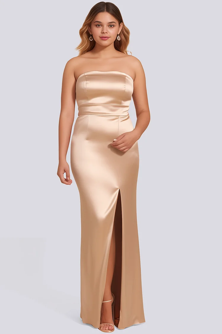 Zaruci Bridesmaid Champagne Satin Strapless Slit Sheath Maxi Dress [Pre-Order]