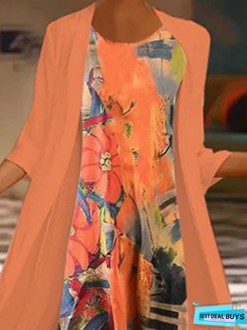 3/4 Sleeves Art Printing Crew Neck Casual Two Piece Dress With Coat