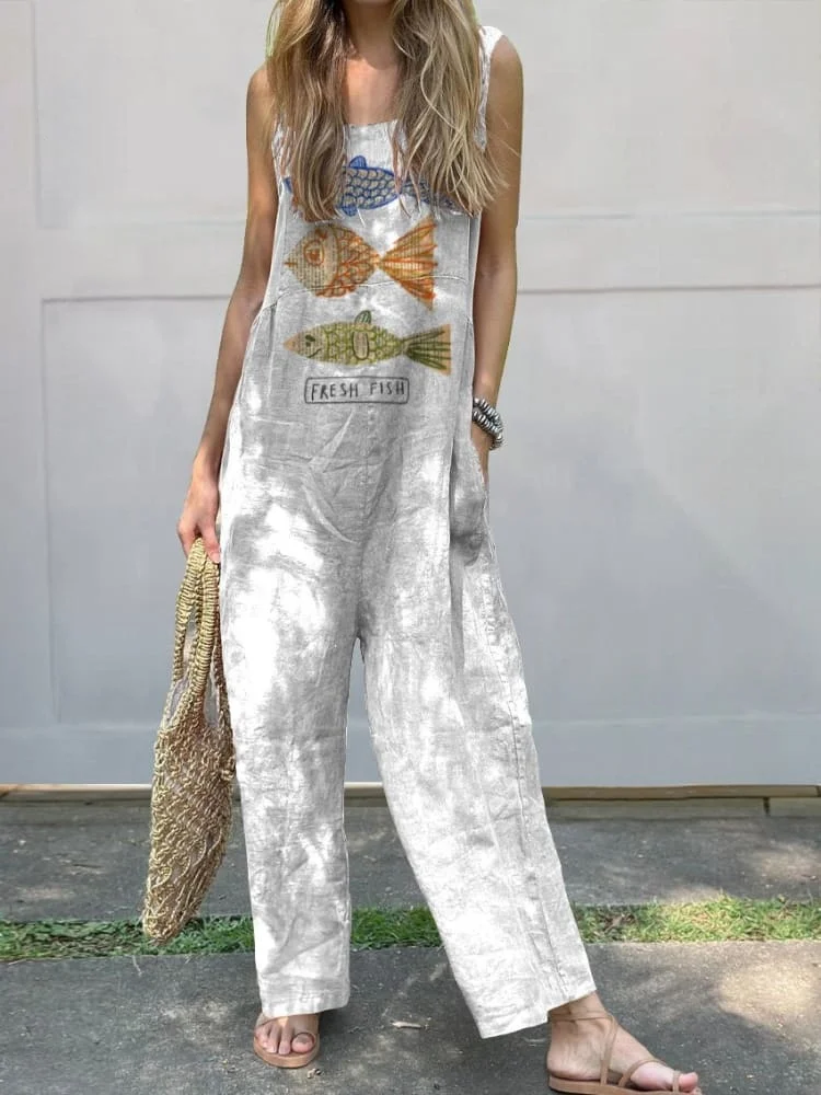 Line Drawing Fish Graphic Printed Women's Casual 100% Cotton Wide Leg Jumpsuit