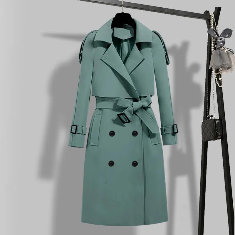 FTLZZ New Autumn Winter Elegant Women Double Breasted Solid Trench Coat Vintage Turn-down Collar Warm Trench with Belt