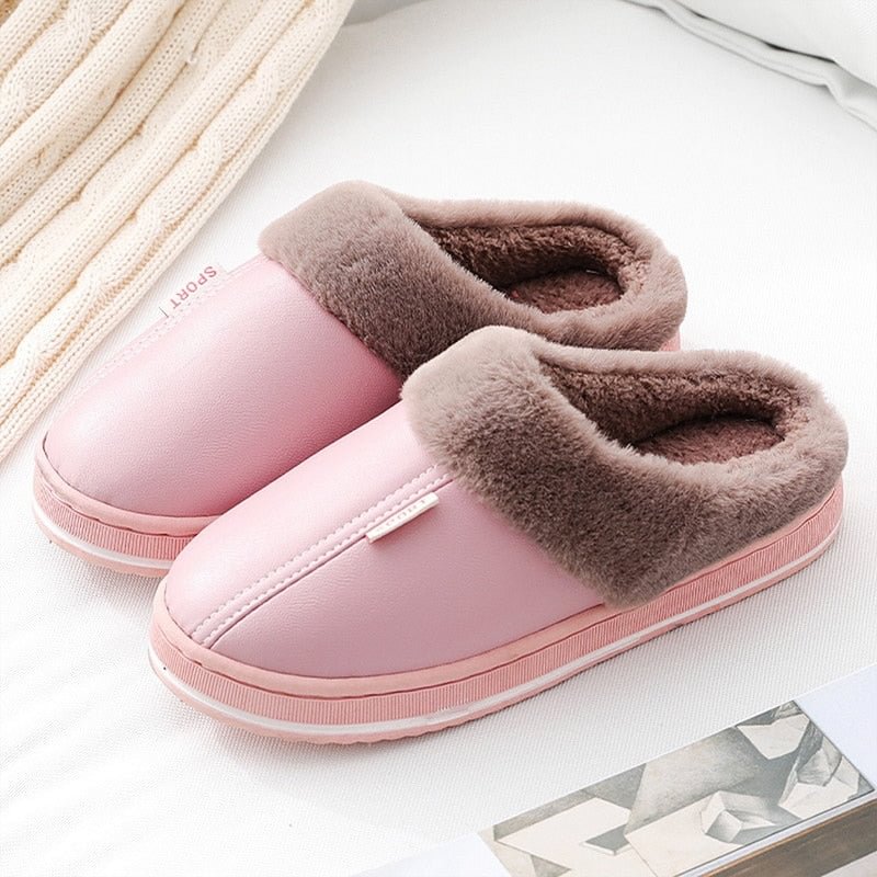Men Shoes Home Warm Slippers Leather Memory Foam Indoor Slippers For Men Non-Slip Winter Fur Plush House Couples Women Slippers