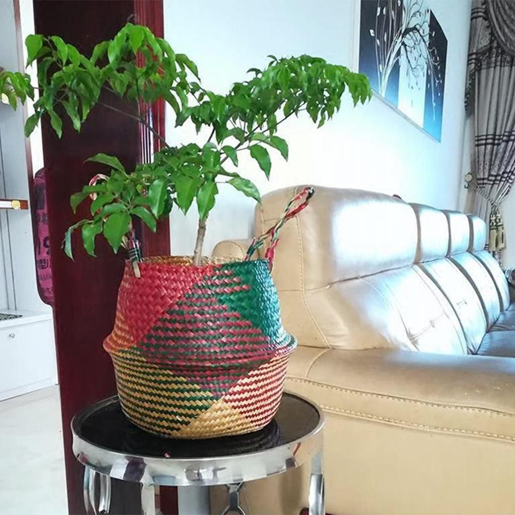 

Foldable Grass Woven Hanging Storage Bellied Basket Garden Plant Flower Pot, 501 Original