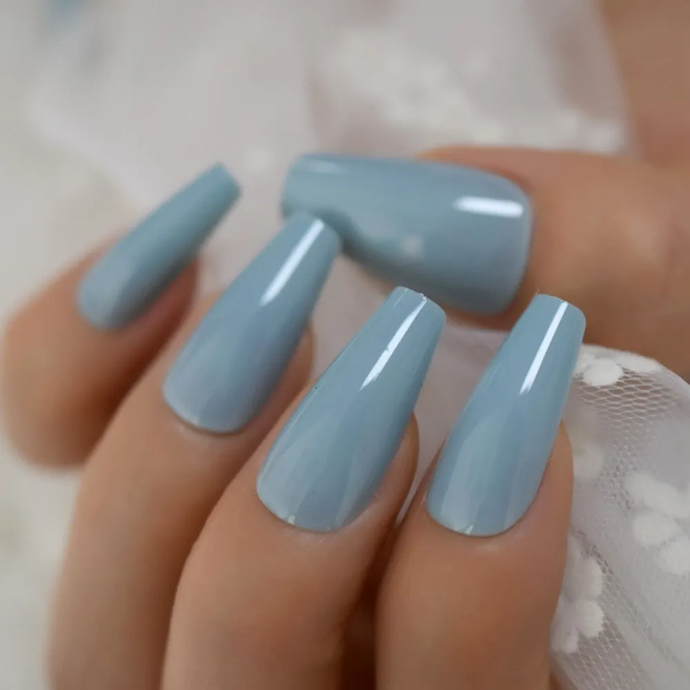 EchiQ Glossy Coffin Fake Nails Pink Long Size Thick Faux Ongles Ballerina Press On Nails Reuseable Square Manicure Tips 24-Nail Inspo