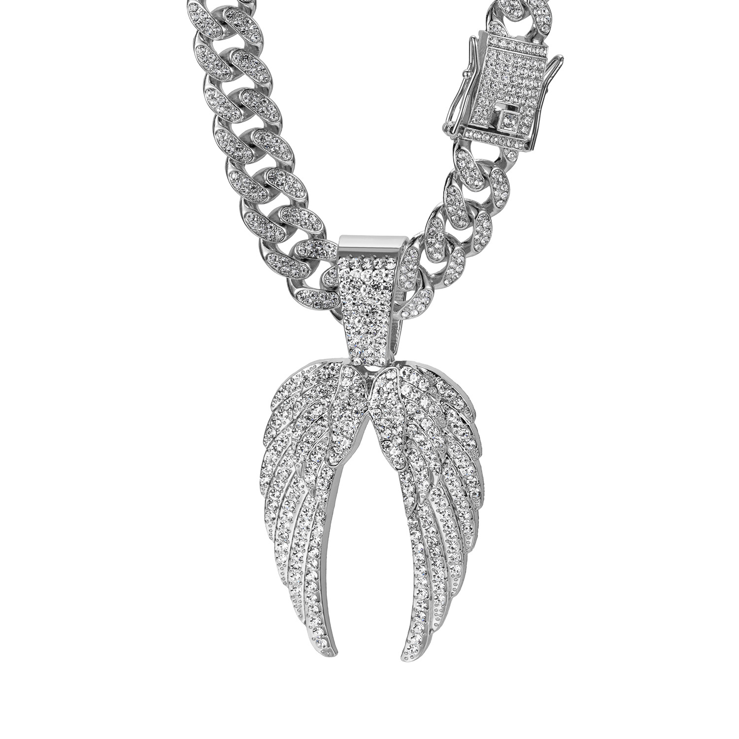 Hip Hop Alloy Diamond Wings Pendant Cuban Necklace