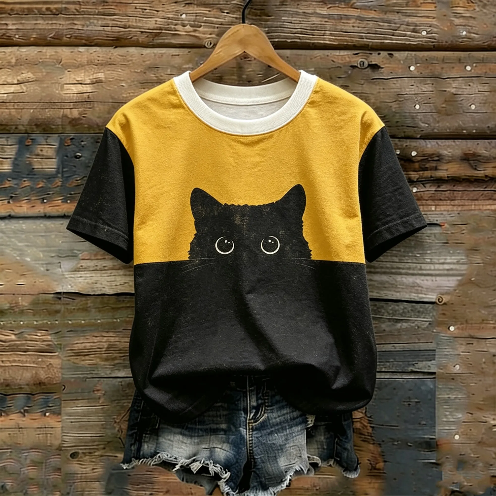 Comstylish Retro Color-blocked Black Cat Pattern Short-sleeved Round Neck Pure Cotton Casual T-shirt