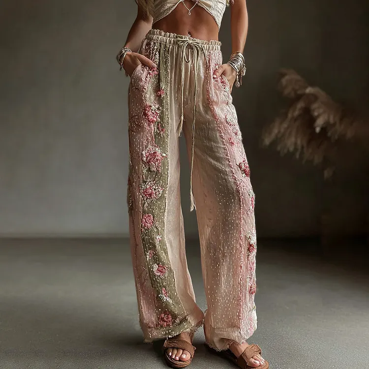 Women's Retro Floral Art Casual Linen Pants