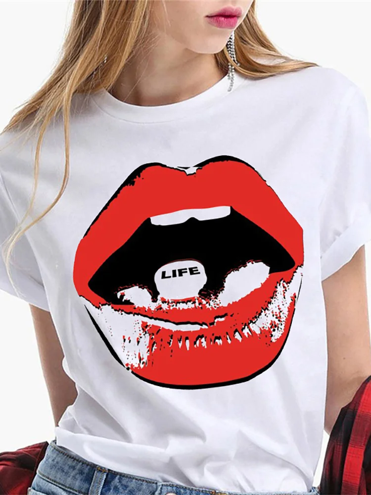 Women Tops O-neck Sexy Black Tees Kiss Lip Funny Summer Female Soft T-shirt Lips Watercolor Graphic T Shirt Top Short Sleeve