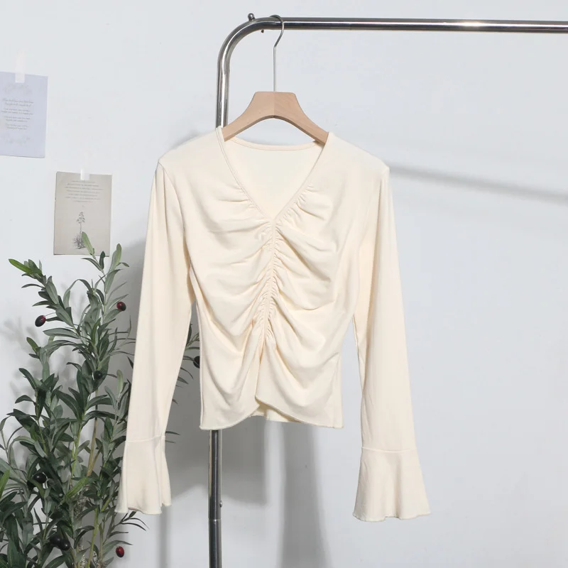 Brownm Real Shooting 2024 Autumn Dress Sexy V-Neck Folded Open Fork Short High-Waisted T-Shirt Horn Long Sleeve Bottom Top 161