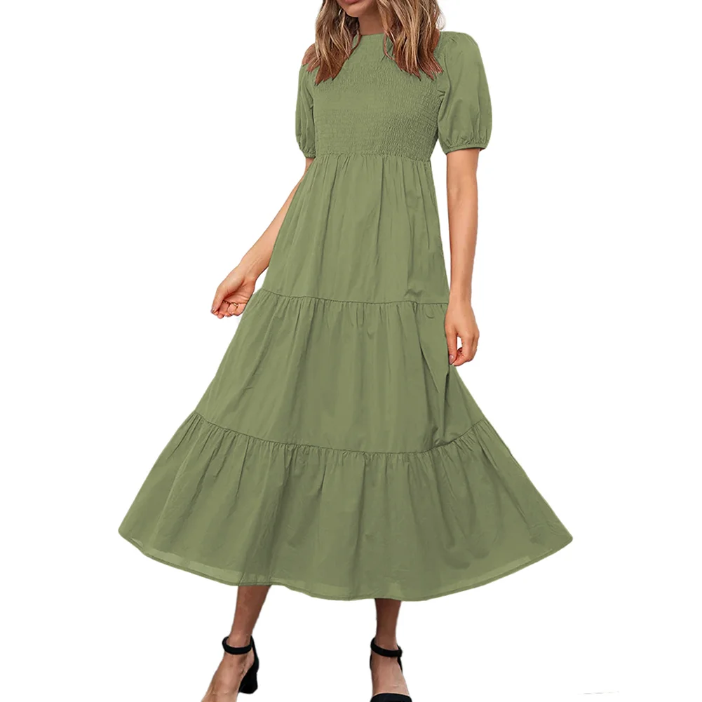 Grass Green Back Lace-up Pleated Short Sleeve Midi Dress