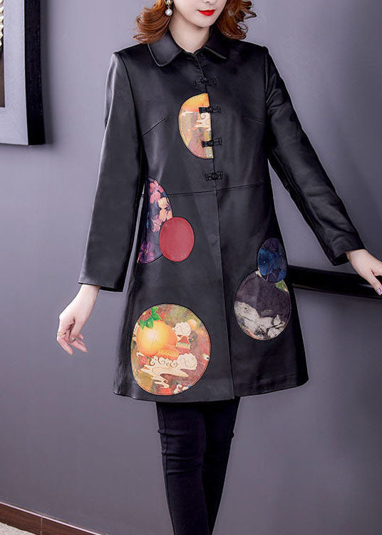 VCSHOES Black Peter Pan Collar Patchwork Print Faux Leather Trench Spring