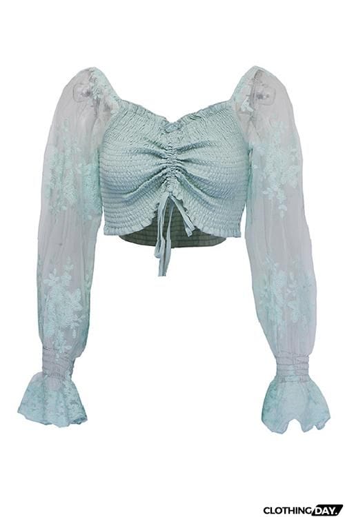 Shirring Detail Frill Hem Leaf Pattern Mesh Top