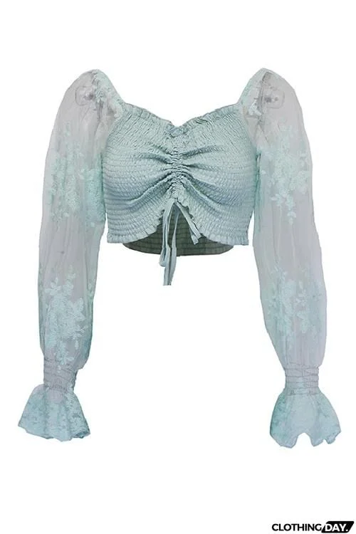 Shirring Detail Frill Hem Leaf Pattern Mesh Top