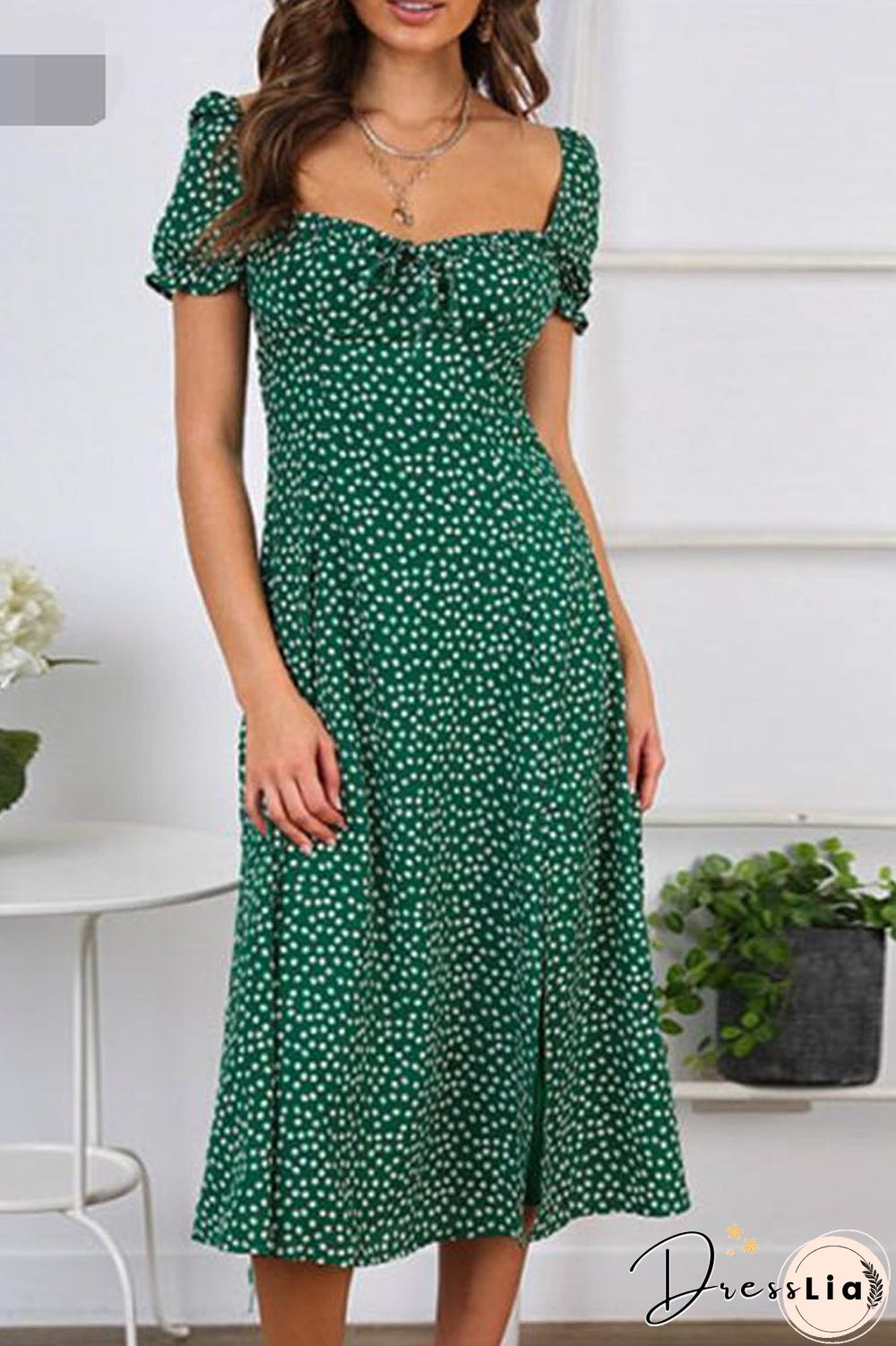 Polka Dot Square Collar Midi Dress