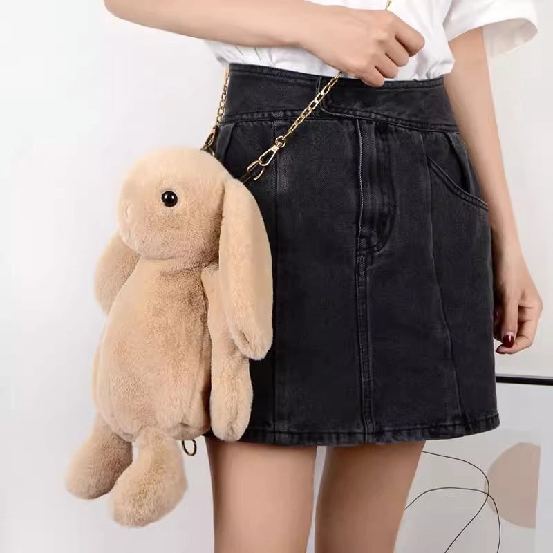 Women's Plush Rabbit Streetwear Asymmetrical Dress Zipper Crossbody Bag
