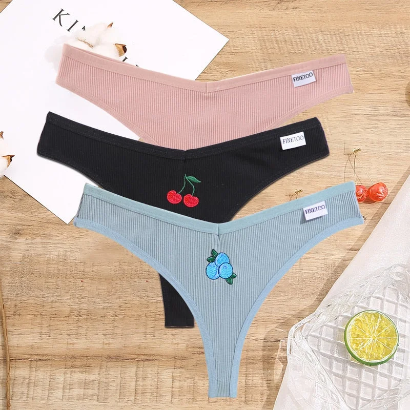 FINETOO 2/3PCS Women Lingerie Fruit Embroidery Panties G-string Sexy Low Rise Cotton Thongs Girl Underwear V-Waist Female Pantys