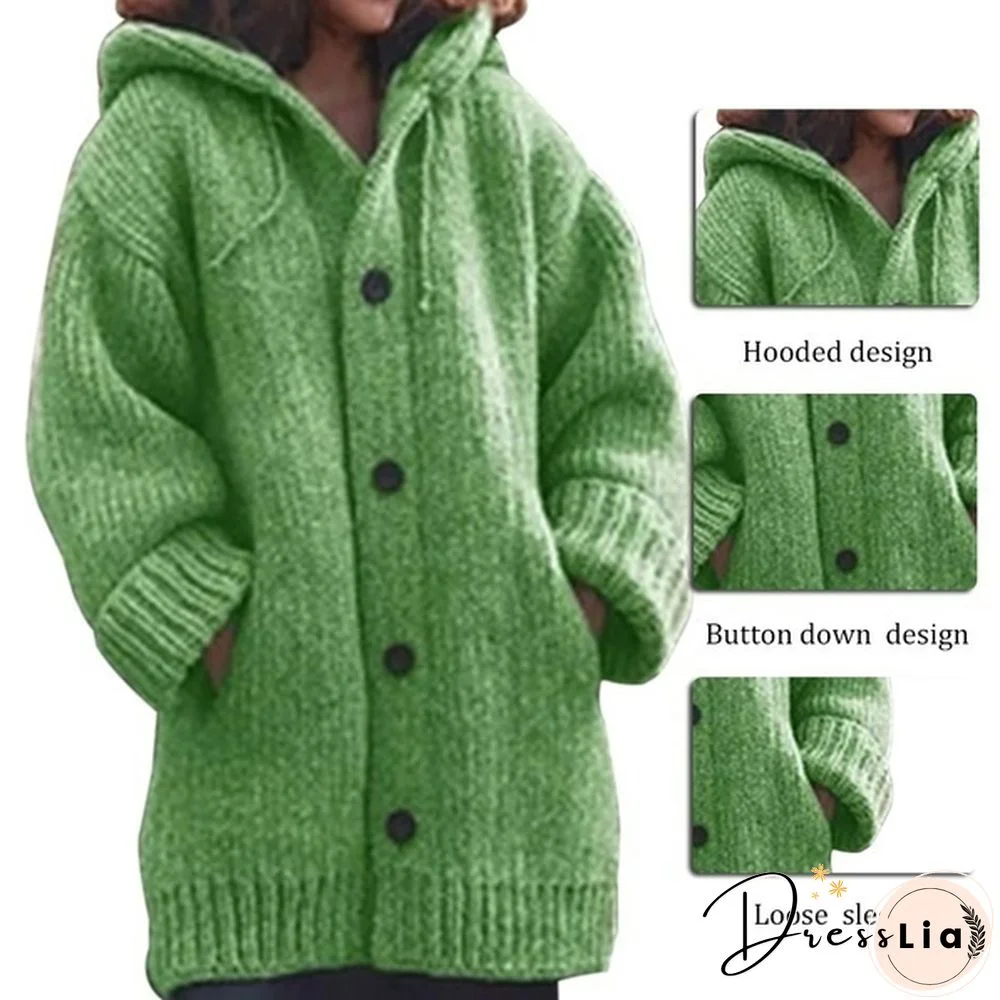 New Autumn Fashion Women Winter Coat Knit Hooded Sweater Loose Mid-length Button Up Knitted Cardigan Jackets for Women Outwear vestidos mujer casacos de inverno feminino