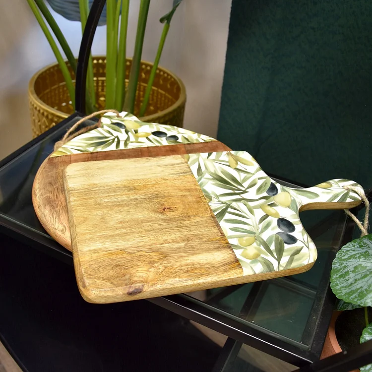 Elegant Mango Wood Serving Paddle Board with Olive Enamel Design