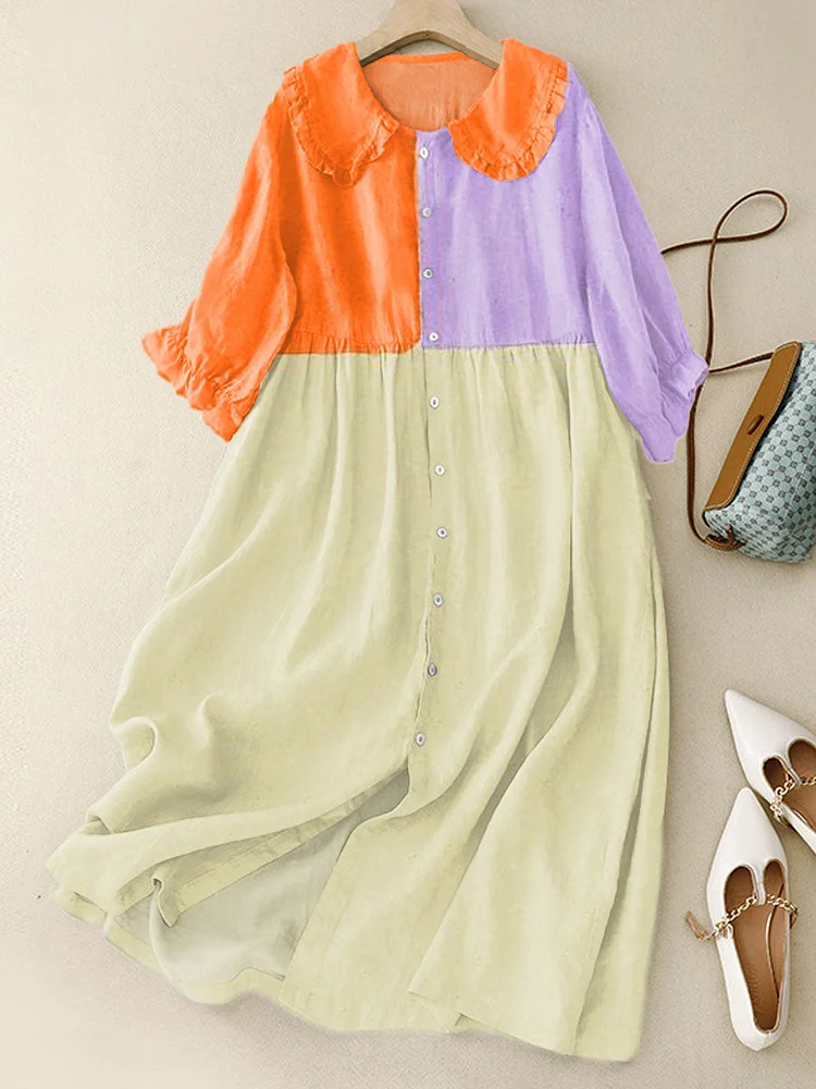 Women‘s Vintage Abstract Geometric Art Print Peter Pan Collar Cotton Dress