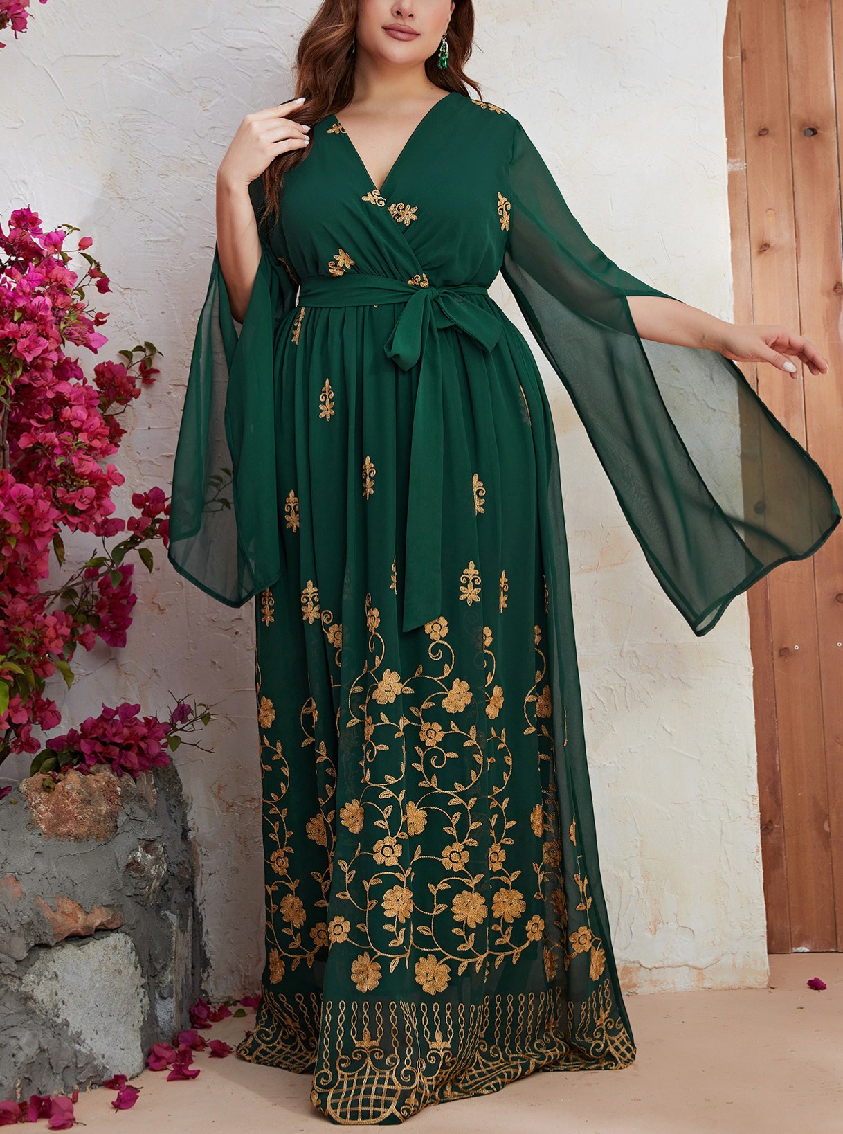 Floral Embroidery V Neck Long Sleeve Dress | Oxredo Shop Ramadan Sale