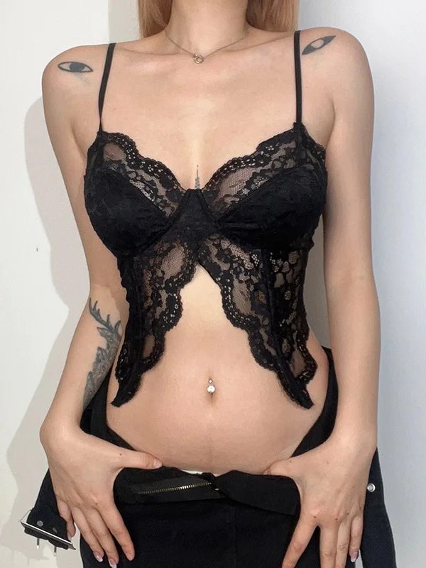 Gothic Sexy Butterfly Lace Backless Fitted Camisole Crop Top