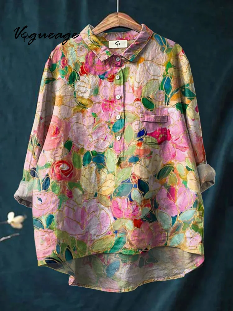 Women's Colorful Flower Print Casual Cotton And Linen Shirt