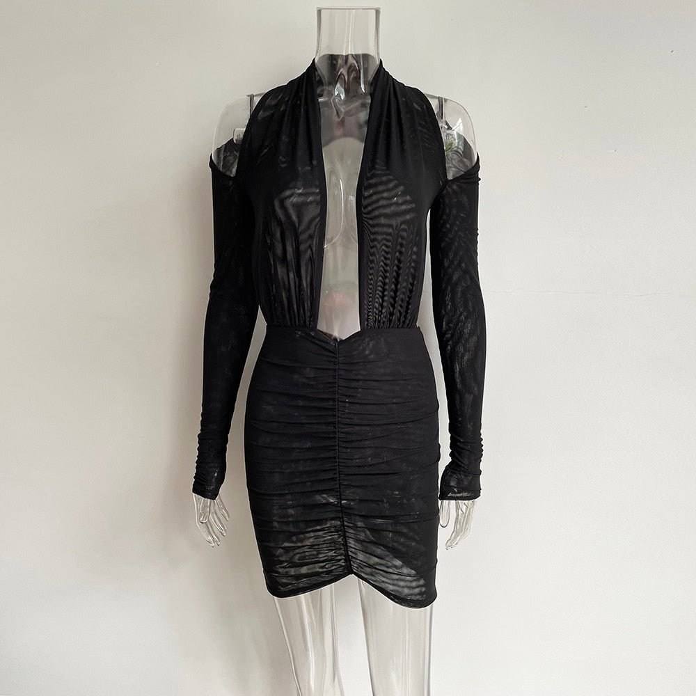 KGFIGU Summer Clothing Dresses For Women 2022 Long Sleeve Deep V-Neck Blackless Sexy Black Bodycon Mini Dress