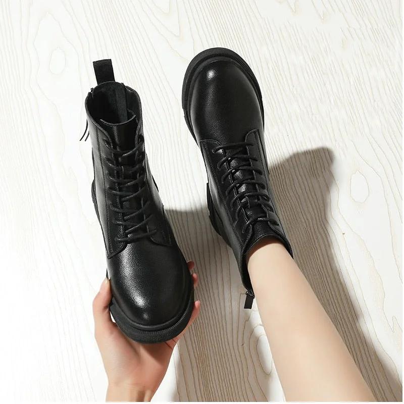 Fashion Boots Women Platform 2021 Autumn Winter Warm Leather Zipper Short Boots Female Motorcycle Martin Boot Botas Mujer Black