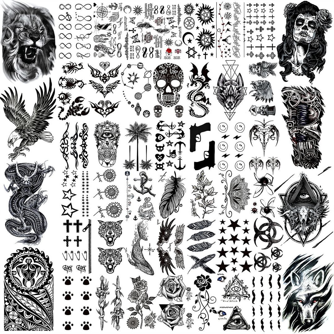 50 Sheets Black Temporary Tattoos For Men Women Realistic Fake Tattoo Lion Animal Skull Totem Body Art Arm Thigh For Kids Tatoos