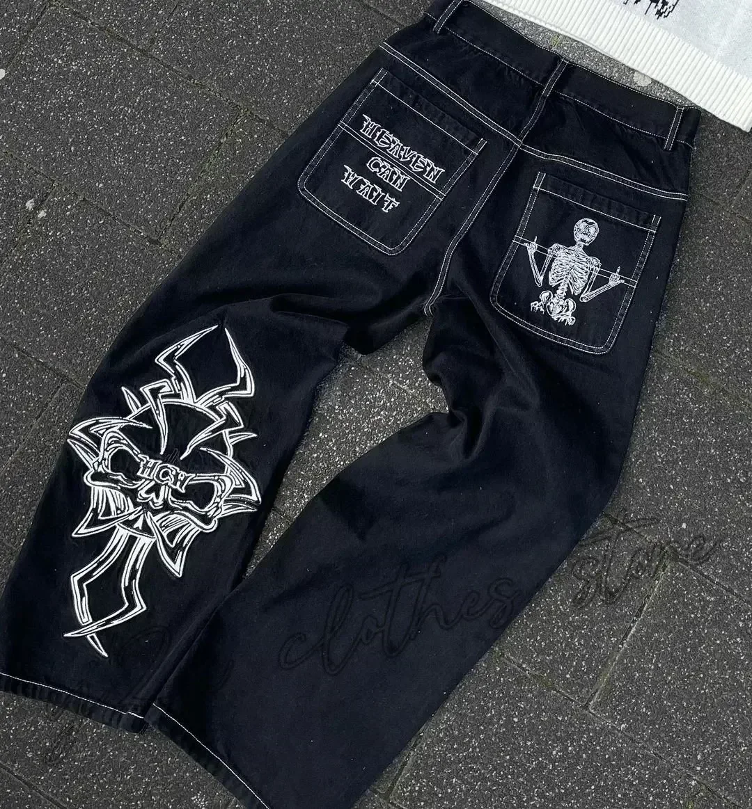 Edubridgesmart American Y2K New Fashion Punk Pattern Embroidered Straight Jeans Women Street Casual Loose Oversized Wide-leg Pants Couple Jeans