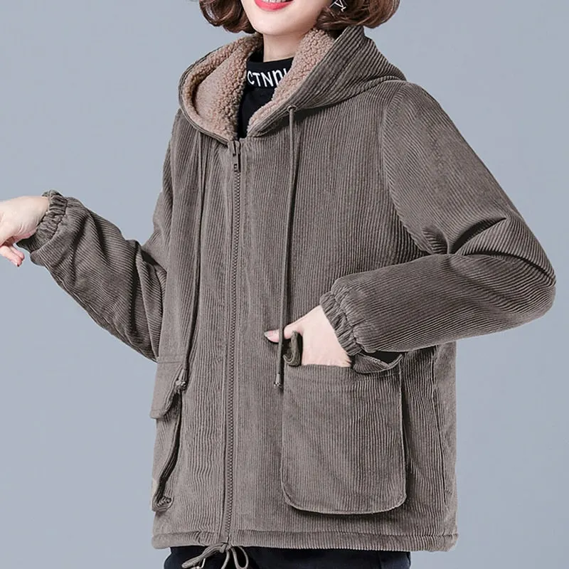 Zoki Thick Women Corduroy Jacket Winter Cotton Vintage Loose Hooded Female Loose Plus Size Korean Coat Casual Warm Clothes 2021