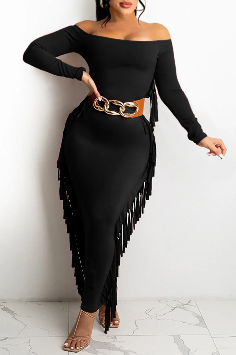 Fashion Casual Solid Tassel Off the Shoulder Long Sleeve Dresses (Without Belt)