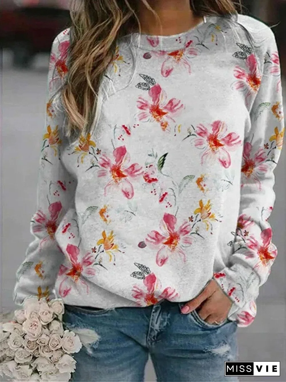 Women's Floral Scoop Neck Long Sleeve Graphic Floral Printed Top