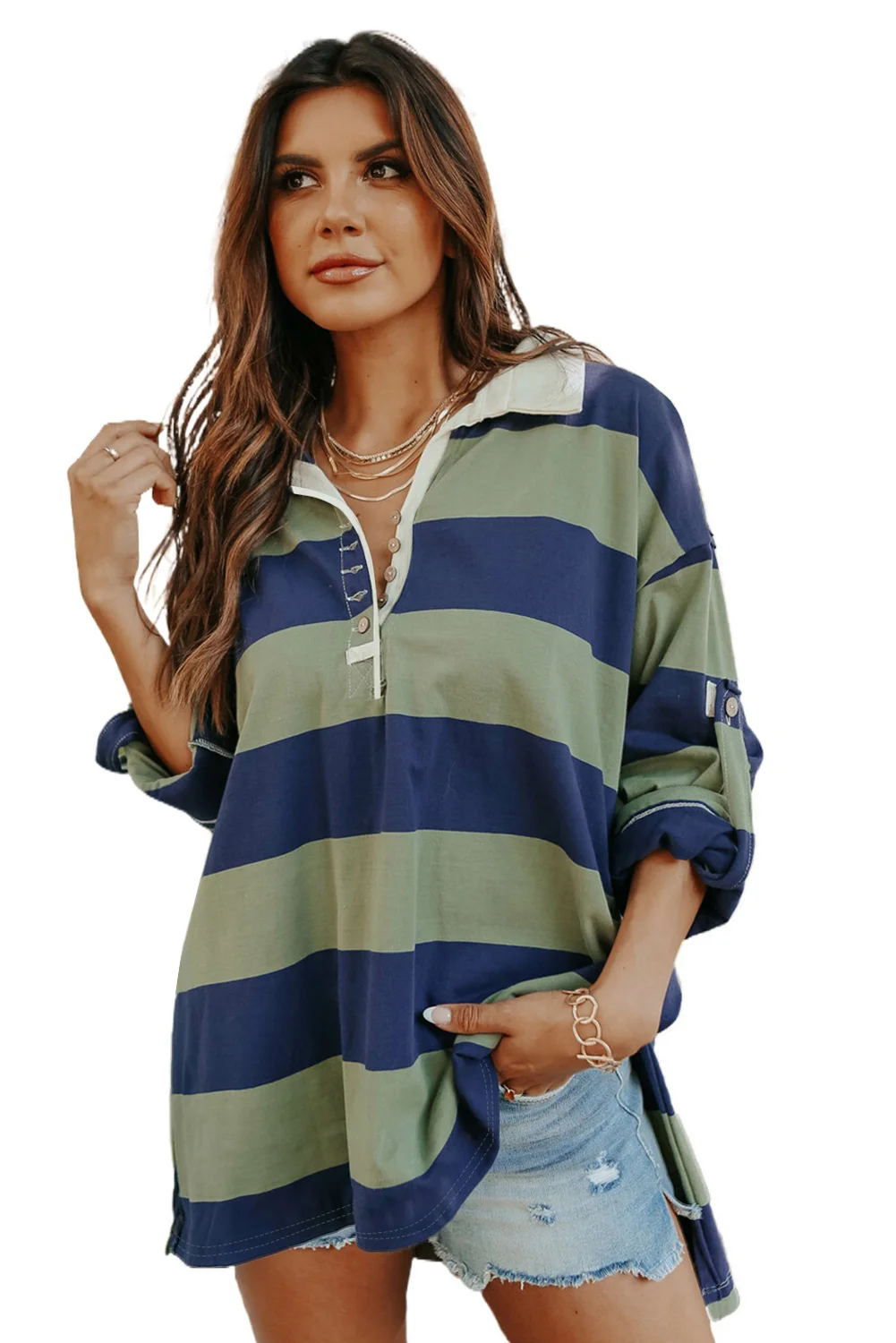 Striped Colorblock Turn-down Button Tab-sleeve Top with Slits