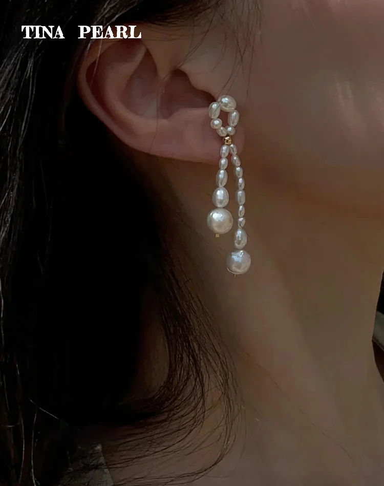 2025 TINA Jewelry 925 silver + freshwater pearl long wraparound earrings