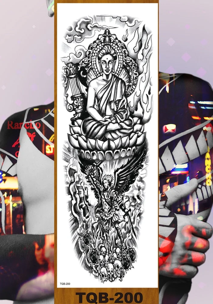 Full Flower Arm Temporary Tattoos Stickers Man Woman Girls Leg Fake Tatoo Lotus Buddhism Pray Cross Wing Drop Shipping DIY