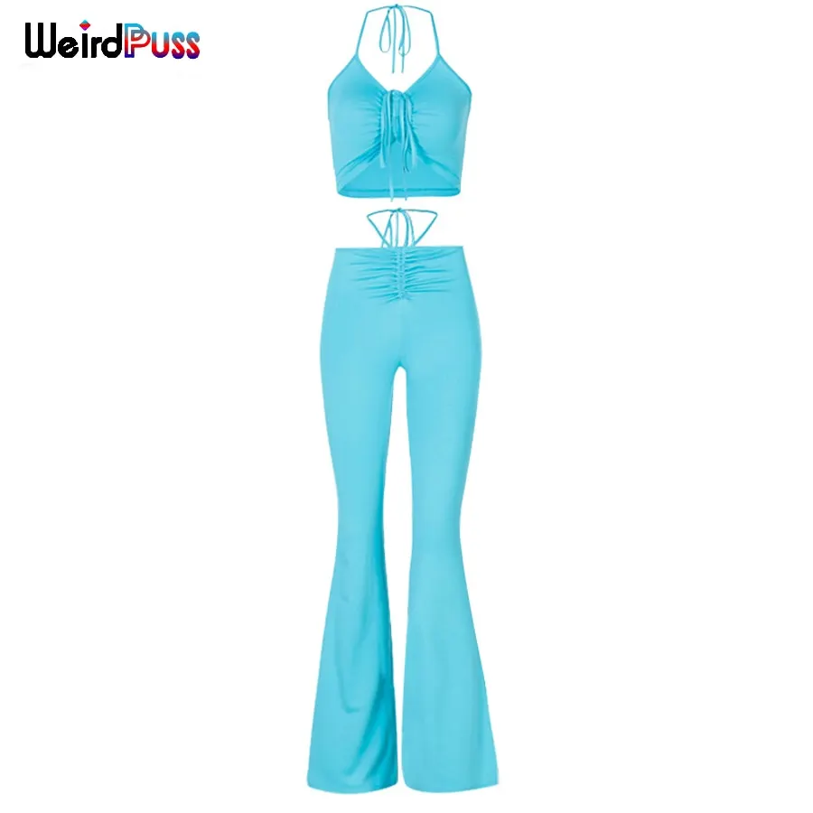 OrangeA women halter bandage v-neck sleeveless ruched tops sweatpants solid matching set sexy clubwear stretchy skinny bodycon