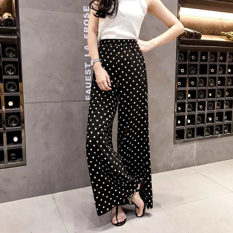 Pants Women Korean Style Spring Summer Point Wide Leg Womens High Waist Chiffon Elegant Breathable Comfortable Trendy Trousers