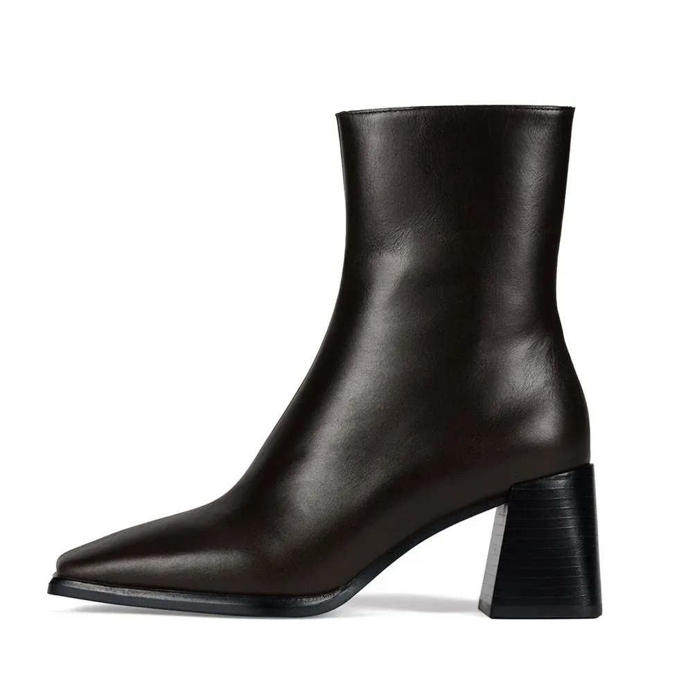 Women's Short Vegan Leather Square Toe Dark Grey Chunky Heel Boots