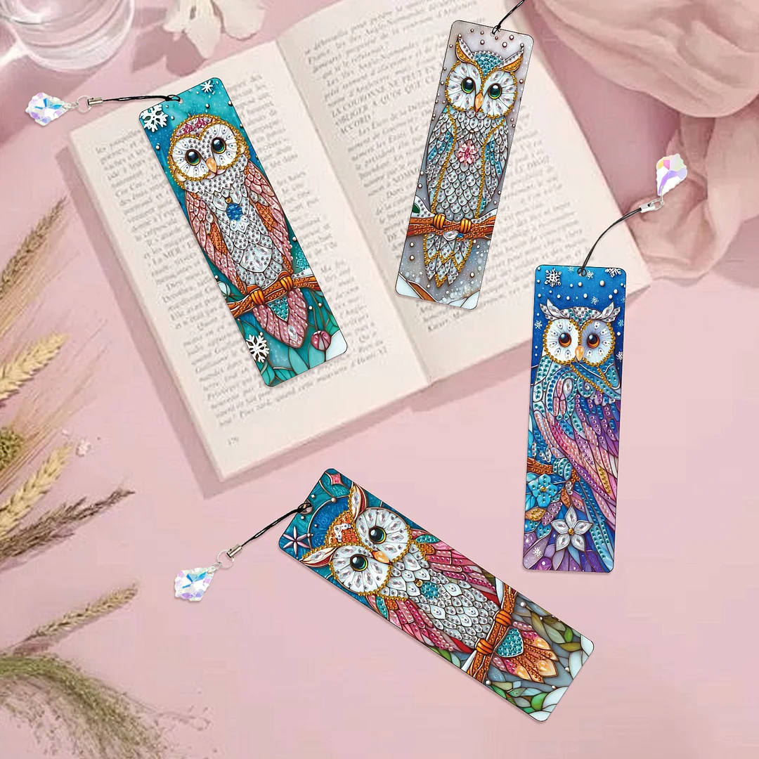 4Pcs Owl DIY Diamond Bookmark Art Projects Irregular Shaped Diamonds Diamond Painting Art Bookmarks with Crystal Pendants for DIY Making Beginners Adult Art Craft Supplies