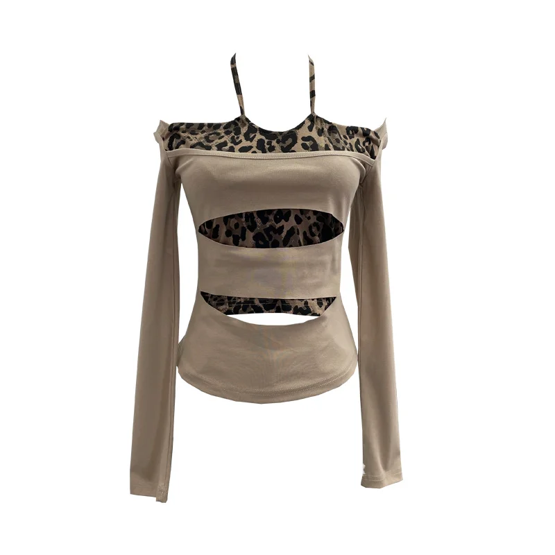 Nigikala Nigikala Shooting With Hanging Neck Leopard Print Splicing Two Long-Sleeved Tops A Short Shoulder Bottom T-Shirt 28787
