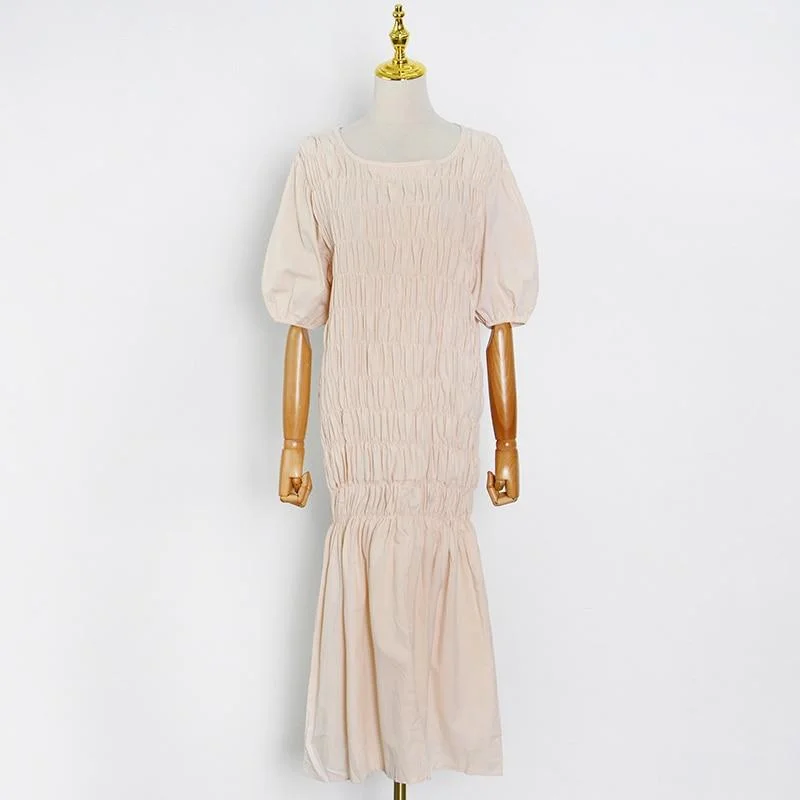 ABEBEY Puff Sleeves Slim Dress Women Fashion Short Sleeves Midi Dresses Summer 2023 Female Clothes Korean