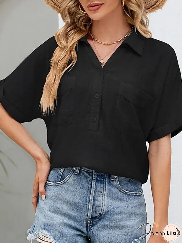 Blouse Pocket Loose Solid / Plain Color Basic Shirt Collar Roll Sleeves Summer Black White Pink Sky Blue for Women
