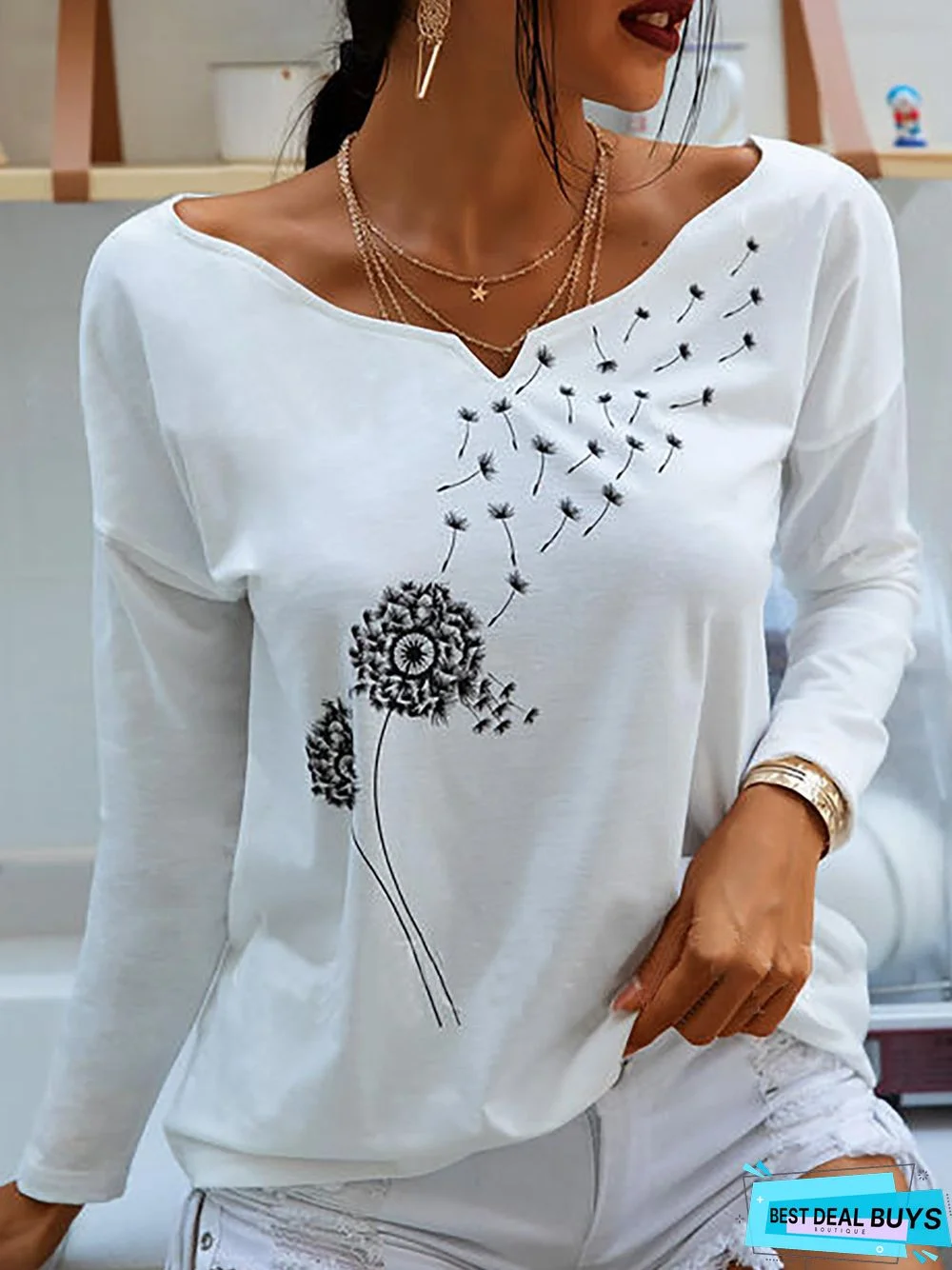 Heart-Shaped Collar Casual Dandelion Long Sleeve White T-shirt Long Sleeve T-shirt