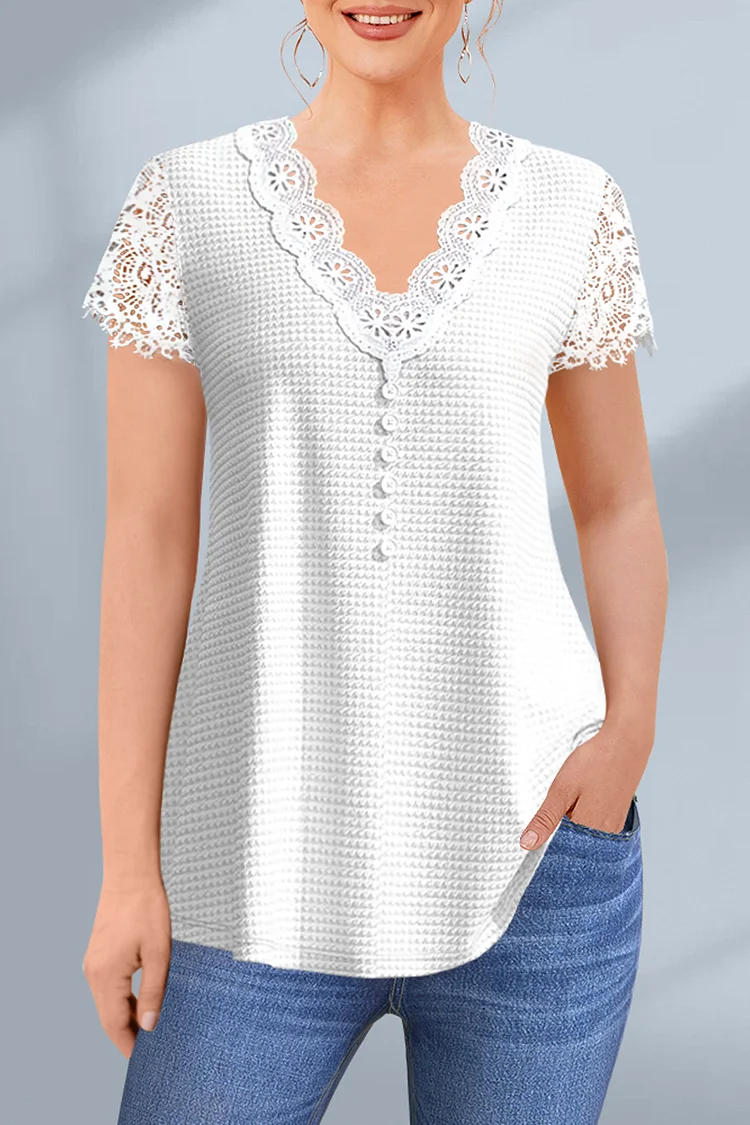 Flycurvy Plus Size Casual White Lace Panel Decorative Button Walf Checks Blouse  Flycurvy [product_label]
