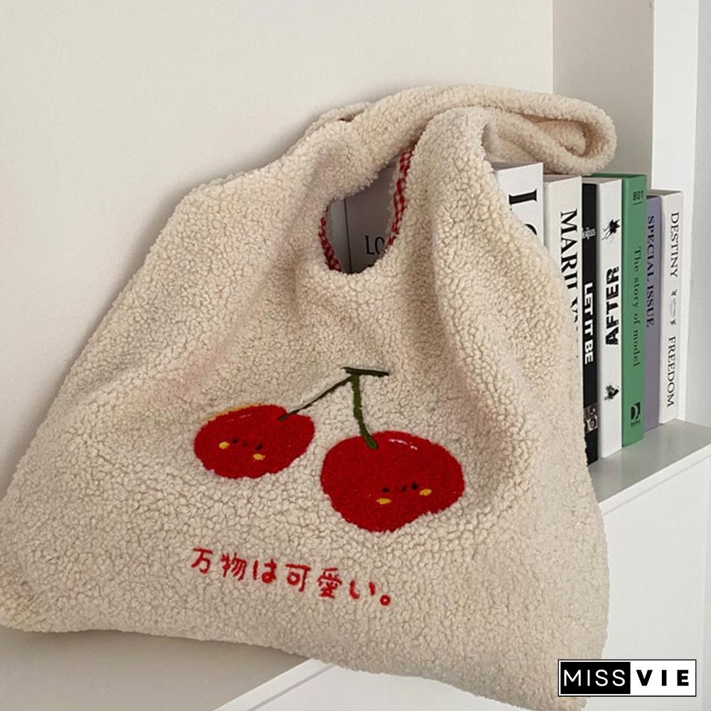 Sweet Cherry Embroidery Plush Tote Bag