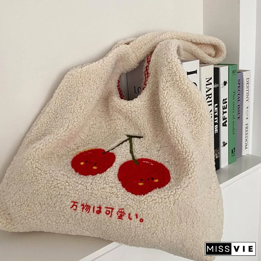 Sweet Cherry Embroidery Plush Tote Bag